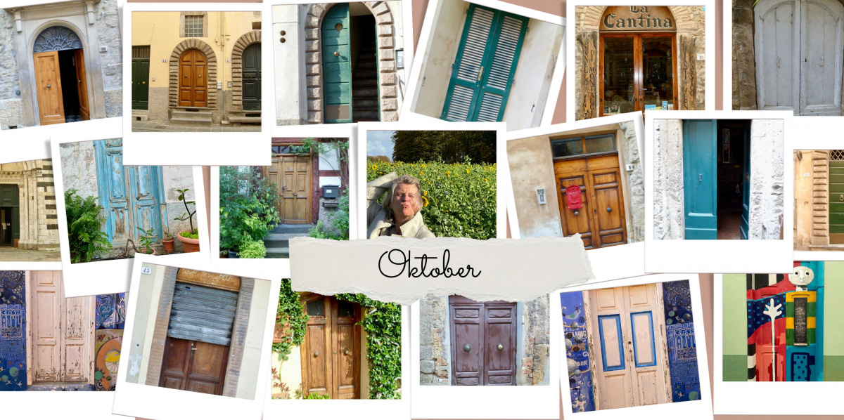 Ein Foto, das aus vielen Türen besteht und in der Mitte ist Daniela brandl zu sehen, die vor einem Feld mit Sonnenblumen steht.