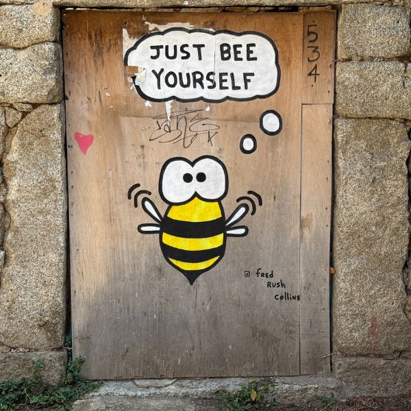 Es ist eine Holztür zu sehen, auf der eine Biene gemalt wurde. Als Sprechblase über der Biene sieht man den Spruch: Just be yourself