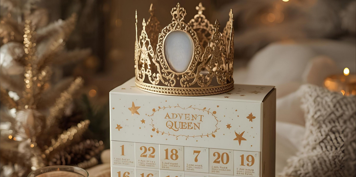 Dein Königinnen Advent von Daniela Brandl - Ein Adventskalender auf dem eine goldene Krone liegt. Im Hintergrund sind weihnachtliche Elemente zu sehen