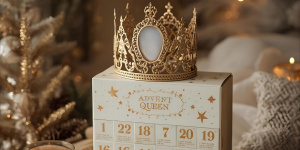 Dein Königinnen Advent von Daniela Brandl - Ein Adventskalender auf dem eine goldene Krone liegt. Im Hintergrund sind weihnachtliche Elemente zu sehen