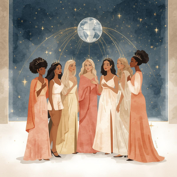 Handgezeichnete Aquarell-Illustration mehrerer Königinnen in rosé- und cremefarbenen Gewändern, die gemeinsam unter einem sternenklaren Himmel stehen. Über ihnen schwebt eine zarte Weltkugel, von der goldene Lichtlinien ausgehen und Verbindung und Frieden symbolisieren. Alle Frauen tragen feine Kronen und stehen eng beieinander, als Zeichen für Gemeinschaft, Liebe und weibliche Stärke.