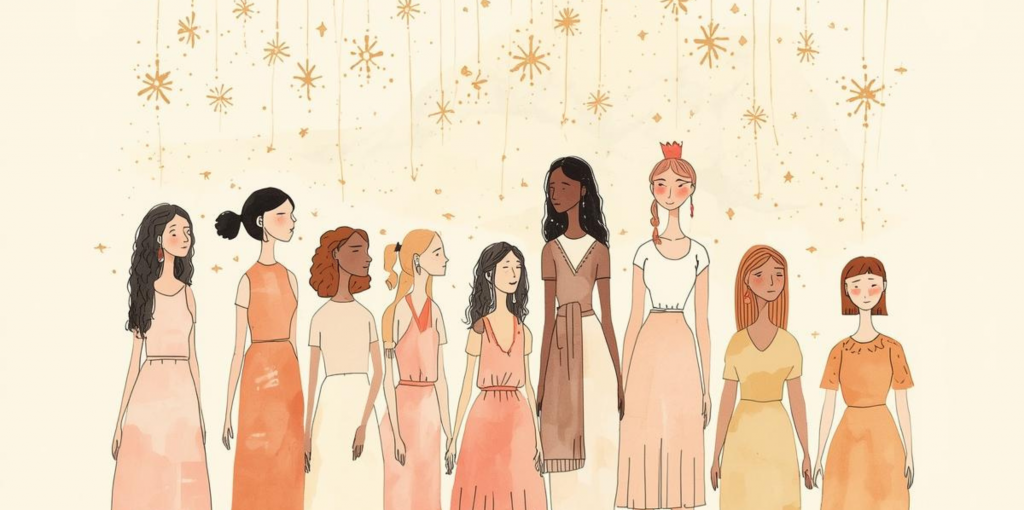 Illustration verschiedener Frauen mit unterschiedlichen Körperformen, Hautfarben und Kleidungsstilen, verbunden durch feine goldene Elemente – Symbol für Vielfalt, Einzigartigkeit und Gemeinschaft.