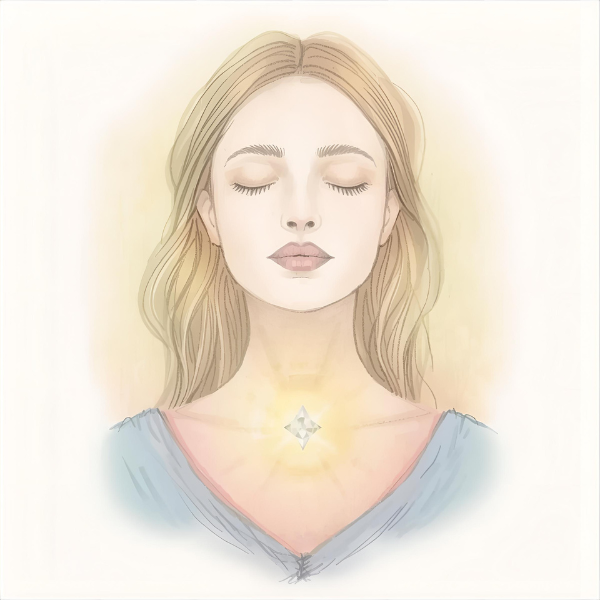 Illustration einer Frau mit geschlossenen Augen und ruhigem Gesichtsausdruck. Auf ihrer Brust leuchtet ein kleiner Edelstein, der sanftes Licht ausstrahlt. Das Bild symbolisiert innere Kraft und ein zentriertes Königinnengefühl.