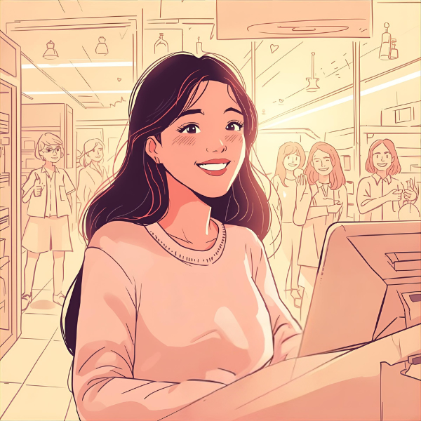 Illustration einer lächelnden jungen Frau an der Supermarkt-Kasse, umgeben von warmem Licht. Hinter ihr stehen Menschen, die ebenfalls freundlich schauen. Das Bild zeigt Herzlichkeit und eine einladende, königliche Ausstrahlung.