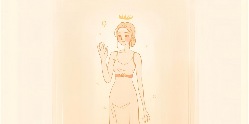 Dein Königinnen Advent - Eine junge Frau, die mit der Hand Stop anzeigt. Über ihrem Kopf schwebt eine Krone 