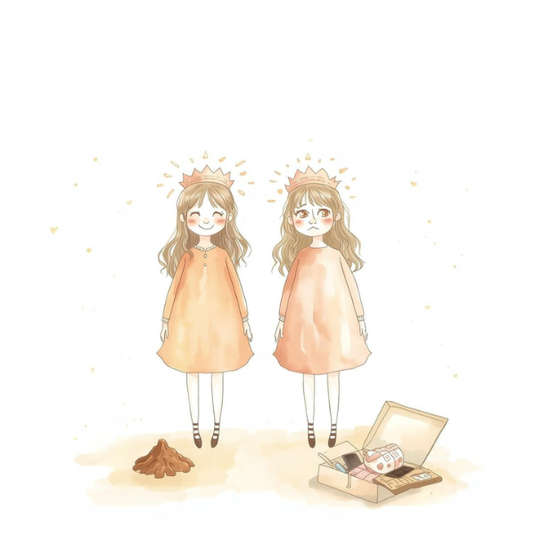 Zwillingsmädchen in Weihnachtsgeschichte: Optimistin glücklich über Pferdeäpfel, Pessimistin unzufrieden mit Geschenken.